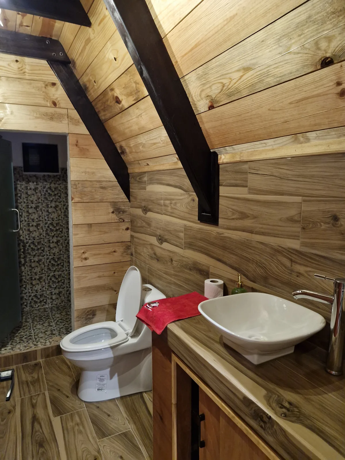 Baño completo con regadera y lavabo de madera